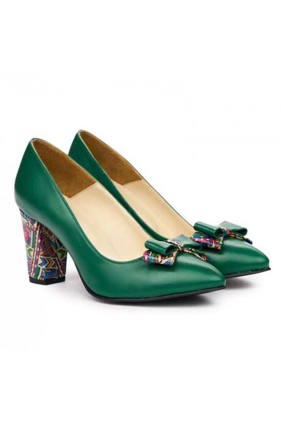 Pantofi dama verzi din piele cu funda