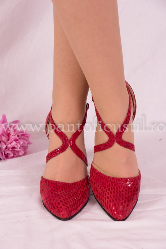 Sandale rosii din piele imprimeu croco cu toc gros