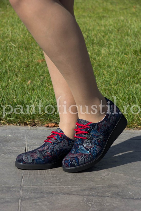 Pantofi dama comozi din piele neagra cu imprimeu multicolor 
