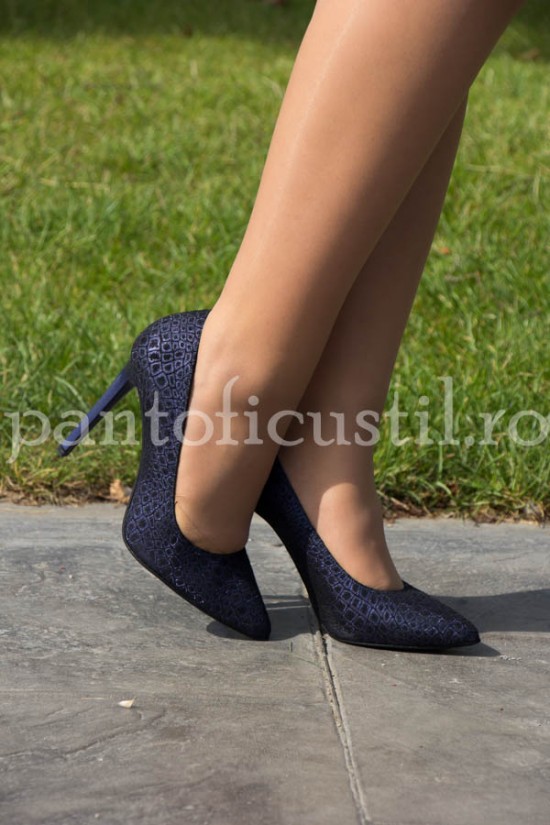 Pantofi stiletto dama din piele bleumarin texturata