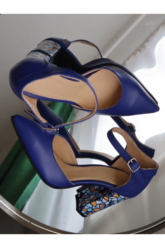 Pantofi decupati din piele albastra cu toc gros multicolor