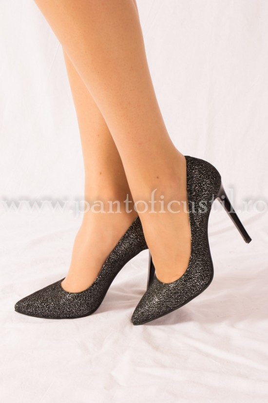 Pantofi stiletto din piele neagra glitter