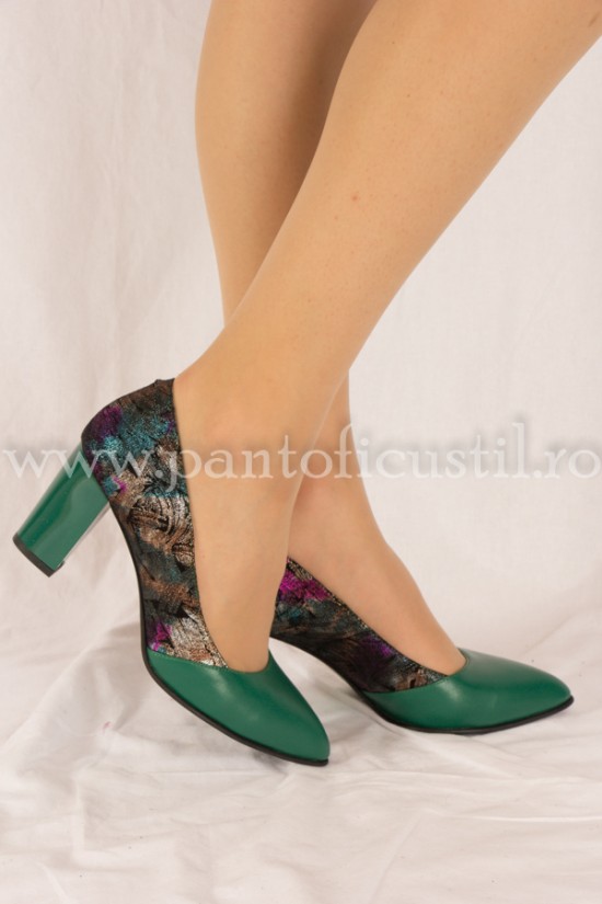 Pantofi din piele verde multicolor cu toc mediu