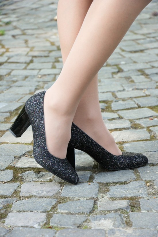 Pantofi dama din piele neagra-glitter