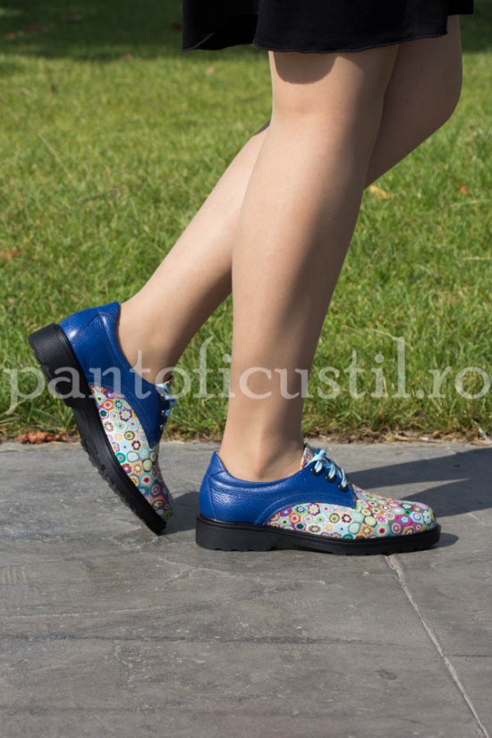 Pantofi dama Oxford din piele albastra-mozaic