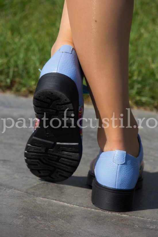 Pantofi dama tip Oxford din piele bleu-multicolor