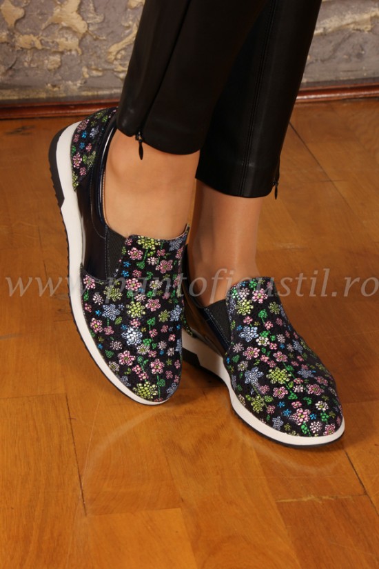 Pantofi dama sport din piele bleumarin cu imprimeu floral
