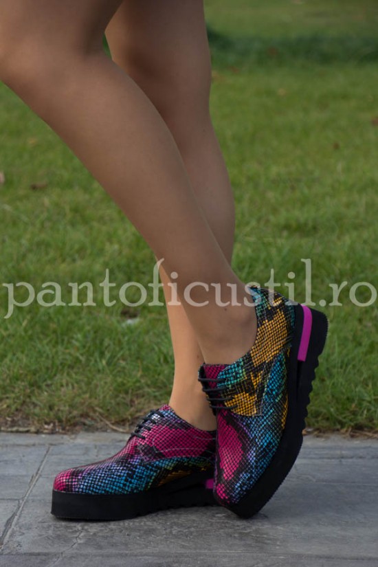Pantofi Oxford cu platforma din piele imprimeu piton color