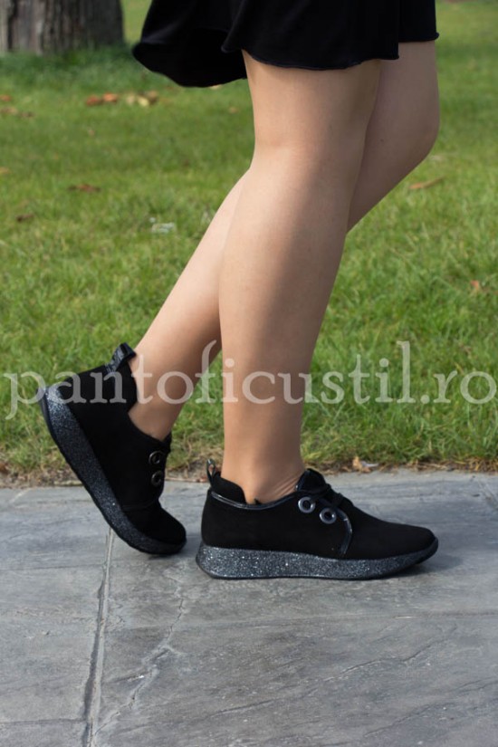 Pantofi dama sport din piele intoarsa neagra