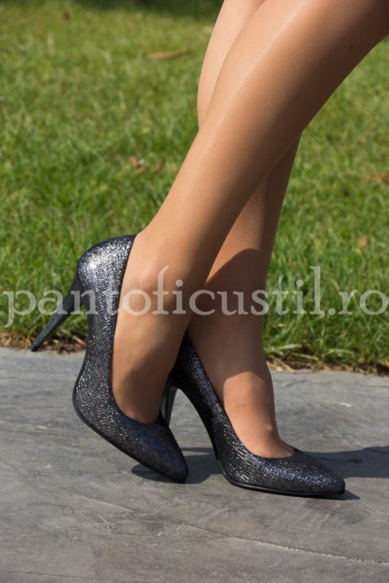 Pantofi stiletto din piele intoarsa neagra glitter