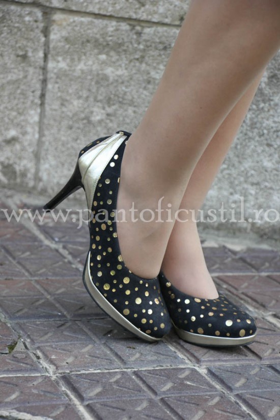 Pantofi dama de ocazie din piele imprimeu auriu cu pret redus