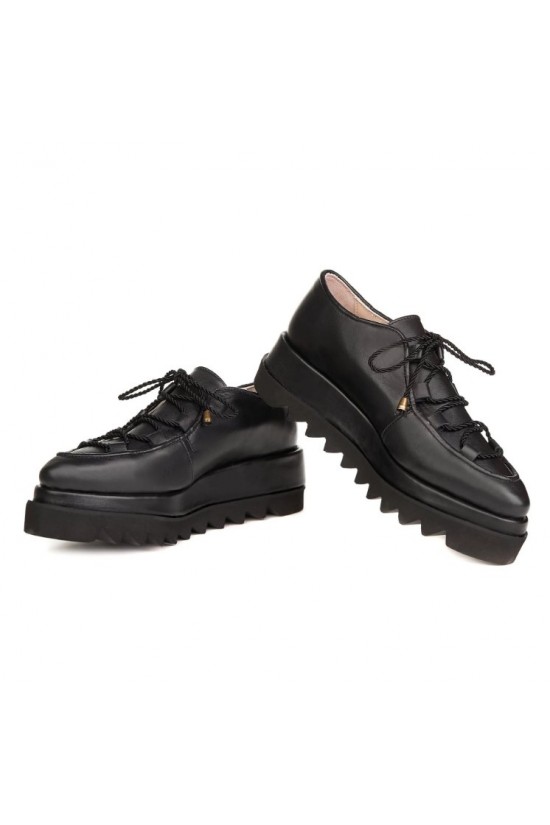 Pantofi din piele naturala neagra cu siret si talpa dubla